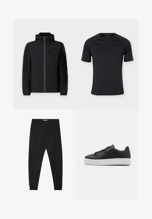 Veste softshell noire avec un col montant, fermeture éclair à l'avant, deux poches latérales et une poche poitrine. Équipée d'une capuche ajustable et de poignets élastiques.; T-shirt de sport noir à manches courtes avec col rond et petit logo sur la poitrine gauche, présenté sur un fond clair uni.; Pantalons de sport noirs en tissu texturé, dotés d'une taille réglable, d'une poche latérale zippée et de chevrons resserrés.; Sneaker en cuir noir avec bout rond, semelle en caoutchouc blanc et lacets noirs. Présente une finition lisse et un design minimaliste.
