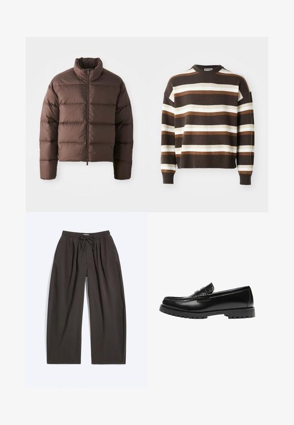 Brun pufferjakke med høj krave og frontal lynlås, som har horisontale kviltede sektioner og elastiske manchetter for varme.; Brun og creme stribet sweater med rund halsudskæring, ribbede mansjetter og kant, der har en afslappet pasform og blød tekstur.; Mørkebrun løstsiddende bukser med elastisk talje og snøre, forlommer og lige brede ben, lagt fladt på en hvid baggrund.; Sort læderloafer med en kraftig gummisål og klassiske penny-strap detaljer, vist fra ydersiden.