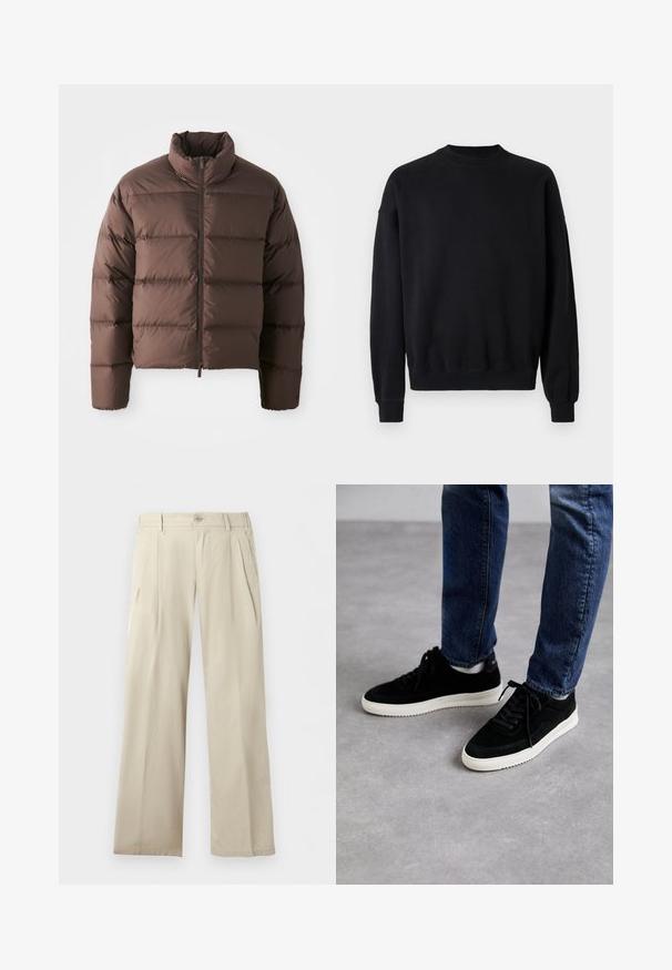 Brun pufferjakke med høj krave og frontal lynlås, som har horisontale kviltede sektioner og elastiske manchetter for varme.; Sort sweatshirt lavet af blødt stof, med rund hals, lange ærmer og ribbede manchetter og kant. Afslappet pasform. Enkelt design.; Beige bukser med vide ben, plisseringer, bæltestropper, sidelommer og knaplukning ved taljen.; Sorte ruskind sneakers med en hvid gummisål, der har et klassisk low-top design, rundt tå og flade sorte snørebånd.