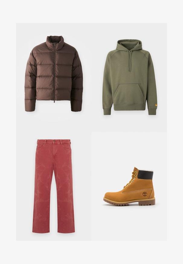 Braune Pufferjacke mit hohem Kragen und Frontreißverschluss, ausgestattet mit horizontalen Steppnähten und elastischen Bündchen für Wärme.; Olivgrüner Hoodie aus weichem Baumwollmischgewebe, ausgestattet mit einer Kängurutasche, verstellbarer Kapuze mit Kordelzug und gerippten Bündchen.; Rote Jeans aus Denim mit lockerem Schnitt, versehen mit einem Fünf-Taschen-Design, sichtbaren Nähten und dezenten, ausgewaschenen Akzenten.; Braune Leder-Ankle-Boots mit Metallösen, weißem Kunstfellfutter, schwarzem gepolstertem Kragen, robustem Sohlenprofil und geprägtem Logo an der Seite.