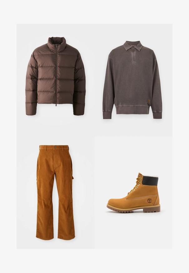 Brun pufferjakke med høj krave og frontal lynlås, som har horisontale kviltede sektioner og elastiske manchetter for varme.; Langærmet mørkegrå pullover sweatshirt med kvart lynlås og krave, ribstrikkede manchetter og kant, samt lille logopatch nær nederste kant.; Brune kordfløjlsbukser med en udvidet benstruktur, med sidelommer og en frontknaplukning. Teksturen er blød og ribbet.; Brune læder ankelstøvle med metaløjer, hvid pelsforing, sort polstret krave, robust sål og præget logo på siden.