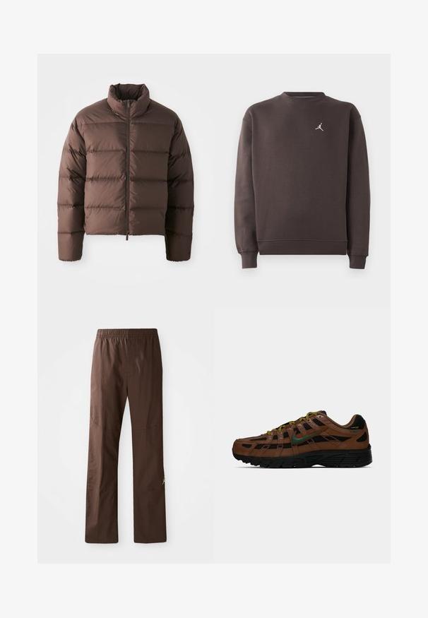 Brun pufferjakke med høj krave og frontal lynlås, som har horisontale kviltede sektioner og elastiske manchetter for varme.; Mørkebrun langærmet sweatshirts med rund hals og lille hvid Jumpman-logo på venstre bryst, ribbede manchetter og kant.; Brune lige bukser med elastisk talje og diskrete sømdetaljer, præsenteret mod en hvid baggrund.; Brun og sort lav-top sneakers med grøn Nike swoosh, gule og sorte snørebånd samt sort sål, set fra siden på ensfarvet baggrund.