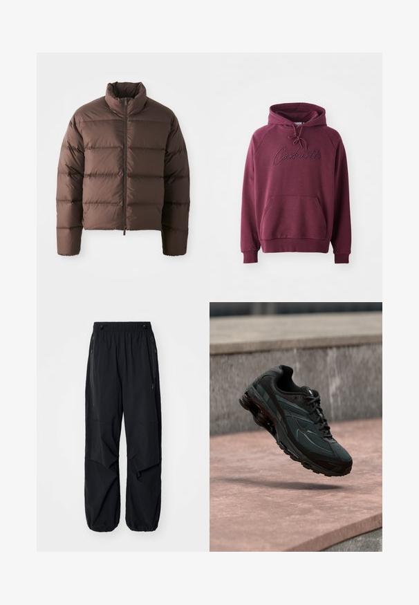 Bruine pufferjack met hoge kraag en ritssluiting aan de voorkant, met horizontale gestikte delen en elastische manchetten voor warmte.; Bordeaux hoodie gemaakt van zachte stof, met een kangoeroezak, een capuchon met trekkoord en een geborduurd "Carhartt" logo aan de voorkant.; Zwarte lichtgewicht cargobroek met een elastische tailleband, zijritsen en ruime zakken. Heeft een losse pasvorm en taps toelopende boorden.; Zwarte atletische sneaker met zichtbare luchtgeveerde tussenzool die boven een roze stenen oppervlak zweeft met een grijze stenen muur op de achtergrond.
