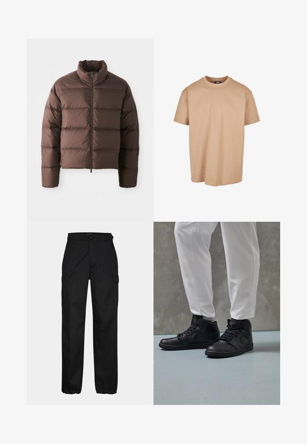 Bruine pufferjack met hoge kraag en ritssluiting aan de voorkant, met horizontale gestikte delen en elastische manchetten voor warmte.; Beige katoenen t-shirt met een ronde hals, korte mouwen en een relaxed fit; heeft een gladde textuur en een minimalistisch design.; Zwarte cargobroek met een rechte pasvorm, voorzien van zijzakken, een knoopsluiting en elastische boorden bij de enkels. Gemaakt van duurzaam materiaal.; Zwarte hoge sneakers van glad leer, met een ronde neus en vetersluiting; gecombineerd met witte taps toelopende broeken, tentoongesteld op een gestructureerde vloer.