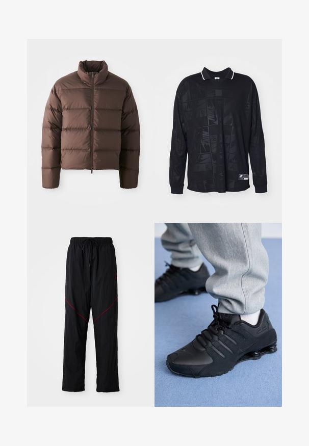 Brun pufferjakke med høj krave og frontal lynlås, som har horisontale kviltede sektioner og elastiske manchetter for varme.; Langærmet sort polo t-shirt med et tekstureret mønster, kontrastfarvet hvid krave og Nike-logo på nederste venstre side.; Sorte atletiske bukser med en struktureret overflade, der har taljebånd, røde accentlinjer og en løs pasform.; Person iført sorte Nike Shox sneakers og grå joggingbukser, der står på lyseblåt tæppe.