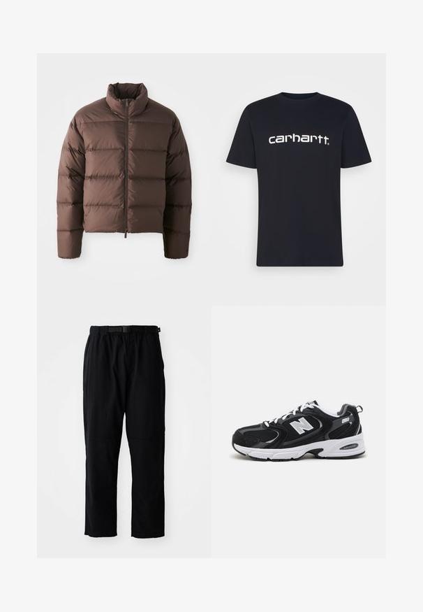 Braune Pufferjacke mit hohem Kragen und Frontreißverschluss, ausgestattet mit horizontalen Steppnähten und elastischen Bündchen für Wärme.; Schwarzes Baumwoll-T-Shirt mit kurzen Ärmeln und Rundhalsausschnitt; zeigt das weiße "Carhartt"-Logo, das quer über die Brust gedruckt ist. Glatte Textur, schlichtes Design.; Schwarze, leichte Hose mit geradem Schnitt, elastischem Bund, verstellbarem Gürtel und verstärkten Kniepolstern. Keine sichtbaren Muster oder Akzente.; Schwarze und graue Sportschuhe mit Obermaterial aus Mesh und Wildleder, ausgestattet mit einer weißen Zwischensohle, Schnürsenkeln und einem markanten "N"-Logo an der Seite.