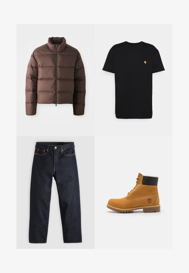Braune Pufferjacke mit hohem Kragen und Frontreißverschluss, ausgestattet mit horizontalen Steppnähten und elastischen Bündchen für Wärme.; Schwarzes Baumwoll-T-Shirt mit kurzen Ärmeln, Rundhalsausschnitt und einem kleinen gelben Logo im linken Brustbereich. Einfaches Design und normale Passform.; Dunkelblaue Jeans aus Denim mit geradem Schnitt, fünf Taschen, kontrastierenden orangen Nähten und einem Knopfverschluss. Keine sichtbaren Muster oder Verzierungen.; Braune Leder-Ankle-Boots mit Metallösen, weißem Kunstfellfutter, schwarzem gepolstertem Kragen, robustem Sohlenprofil und geprägtem Logo an der Seite.