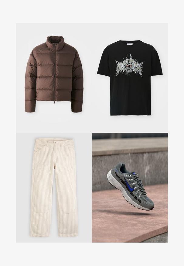 Brun pufferjakke med høj krave og frontal lynlås, som har horisontale kviltede sektioner og elastiske manchetter for varme.; Weekday OVERSIZED GRAPHIC - T-shirts print - final tour; Beige bukser med striber lavet af bomuld med en lige pasform. Har forlommer og knaplukning. Vertikalt linjemønster på stoffet.; Grå og sort Nike løbesko med blå swoosh og hvid sål, svævende over en stenovertflade.