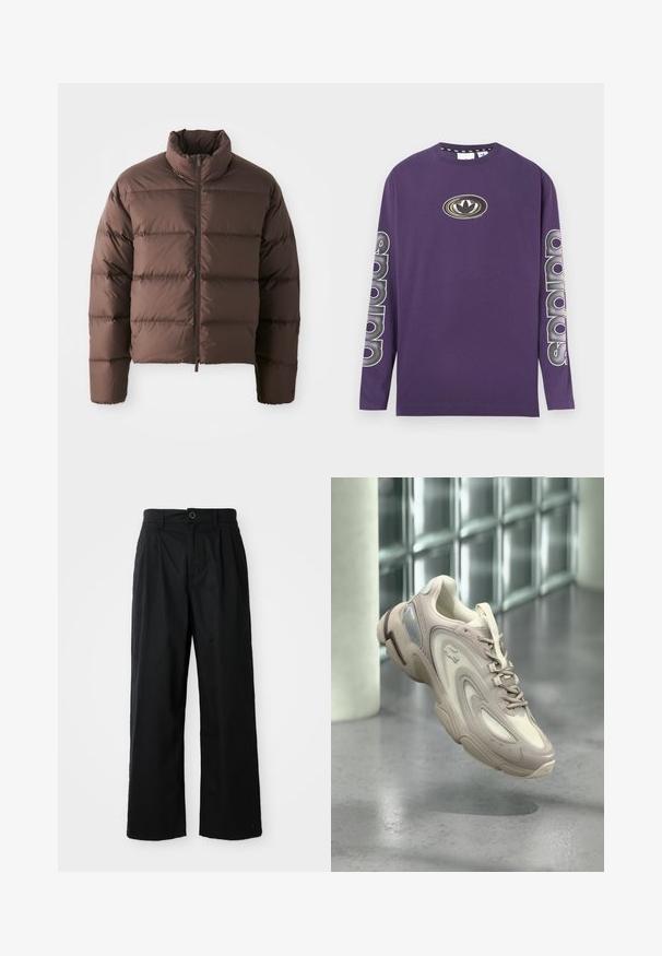 Braune Pufferjacke mit hohem Kragen und Frontreißverschluss, ausgestattet mit horizontalen Steppnähten und elastischen Bündchen für Wärme.; Lila Langarmshirt aus Baumwolle. Verfügt über einen Rundhalsausschnitt, ein zentriertes Logo und vertikalen Text an beiden Ärmeln. Glatte Textur.; Schwarze, weit geschnittene Hosen aus Baumwolle mit glatter Textur, ausgestattet mit einer vorderen Knopfverschluss und zwei Seitentaschen.; Hellbeiger Sneaker mit einem eleganten Design, strukturierten Überzügen, einer gepolsterten Sohle und einem durchsichtigen Abschnitt an der Seite.