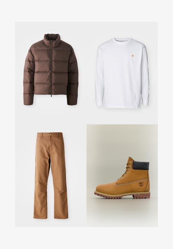 Braune Pufferjacke mit hohem Kragen und Frontreißverschluss, ausgestattet mit horizontalen Steppnähten und elastischen Bündchen für Wärme.; Weißes Langarm-T-Shirt aus Baumwolle. Mit kleinem goldenem Logo auf der Brust und Rundhalsausschnitt. Einfaches Design und normale Passform.; Braune gerade geschnittene Hosen mit Gürtelschlaufen, Vordertaschen, Knopfverschluss und Reißverschluss vor einem weißen Hintergrund.; Brauner Leder-Stiefelette mit schwarzem Kragen, gelben Schnürsenkeln und hellbrauner Sohle. Verfügt über ein Logo und weiße Ziernähe. Robuste Profilsohle.