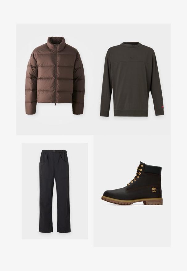 Brun pufferjakke med høj krave og frontal lynlås, som har horisontale kviltede sektioner og elastiske manchetter for varme.; Langærmet crewneck-sweatshirt i mørke olivengrøn med ribkanter ved ærmer og kant, lille ovalt logo på brystet og rød mærkat på venstre ærme.; Sorte bukser med lige ben, elastik i taljen og justerbart bælte med spænde, med for- og sidelommer.; Sorte læder ankelstøvle med gyldne øjer, brune detaljer og gummisål. Har en polstret krave og præget logo på siden.