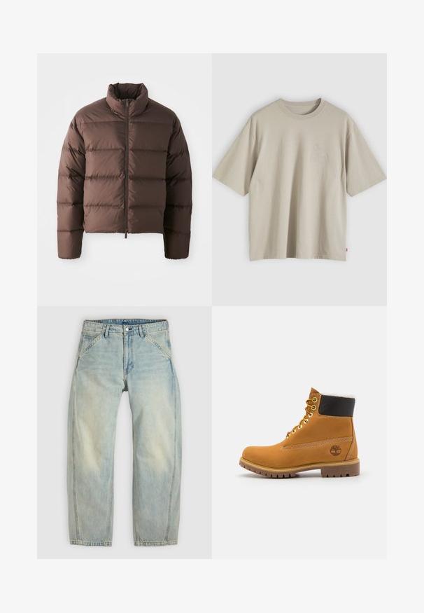Brun pufferjakke med høj krave og frontal lynlås, som har horisontale kviltede sektioner og elastiske manchetter for varme.; Beige oversized T-shirt i bomuld med korte ærmer, rund hals og subtilt præget logo på brystet, vist på en neutral baggrund.; Lys blå jeans med vide ben lavet af denim. Har fem lommer, en knaplukning og falmede områder for et brugt udseende.; Brune læder ankelstøvle med metaløjer, hvid pelsforing, sort polstret krave, robust sål og præget logo på siden.