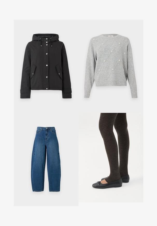 Zwarte hoodie met een rits aan de voorkant, drukknoopjes, twee zijzakken en een verstelbare koord. Soepele textuur en aangesloten manchetten.; Lichtgrijze gebreide trui met een ruitpatroon en kleine witte parelachtige bloemversieringen aan de voorkant en op de mouwen, lange mouwen, ronde hals.; Denim spijkerbroek in een medium blauwe wassingen, met een hoge taille, wijde broekspijpen en een standaard vijf-pocket ontwerp met zichtbare stikseldetails.; Benen met donkere geribbelde leggings gecombineerd met zwarte ballerina's met kleine strikdetails op een witte achtergrond.