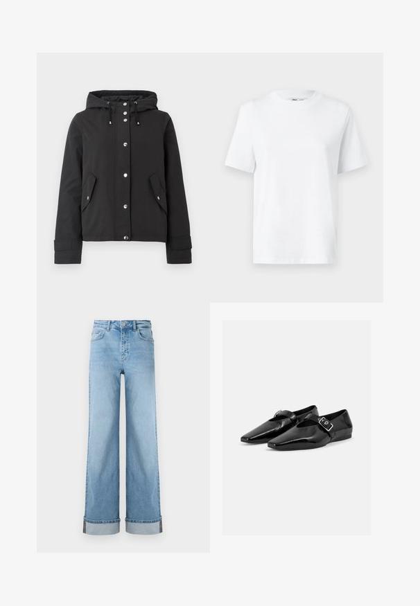 Zwarte hoodie met een rits aan de voorkant, drukknoopjes, twee zijzakken en een verstelbare koord. Soepele textuur en aangesloten manchetten.; Witte katoenen T-shirt met ronde hals, korte mouwen en een gladde textuur. Ontworpen met een comfortabele en veelzijdige relaxte pasvorm.; Lichtblauwe wijde jeans van klassieke denim met een hoge taille, voorzien van opgerolde zomen en zichtbare stiksels.; Paar zwarte lakleren platte schoenen met puntige neuzen en een gespenriem over de bovenkant, getoond op een effen lichte achtergrond.