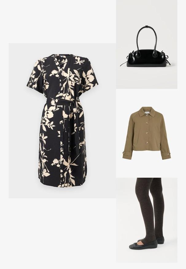 Khaki kort jasje met een rechte snit, een kraag, zes knopen, zijzakken en opgerolde manchetten met knoopaccenten. Gladde textuur, lichte stof.; Zwart midi overhemdjurk met lichte beige bloemprint, korte mouwen, knopen aan de voorkant en een bijpassende stoffen riem gestrikt in de taille.; Benen met donkere geribbelde leggings gecombineerd met zwarte ballerina's met kleine strikdetails op een witte achtergrond.; Kleine zwarte glanzende handtas met twee lange hengsels en zijkant trekkoord details op een effen lichte achtergrond.
