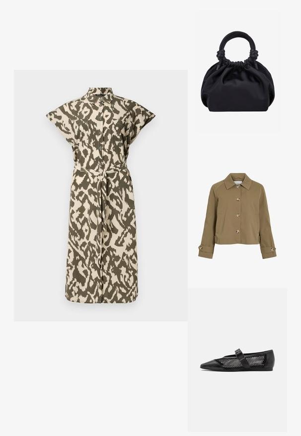 Veste courte kaki avec une coupe droite, un col, six boutons, des poches latérales et des poignets retroussés avec des accents de bouton. Texture lisse, tissu léger.; Robe chemise longueur genoux en imprimé animal beige et vert olive, avec des manches courtes, devant boutonné et ceinture à nouer à la taille.; Chaussure plate noire avec un bout pointu, panneaux latéraux en maille et une sangle avec une boucle décorative. Fini lisse sur les sections du bout et du talon.; Sac à main en tissu noir doux avec haut froncé et poignées circulaires rembourrées nouées de chaque côté.