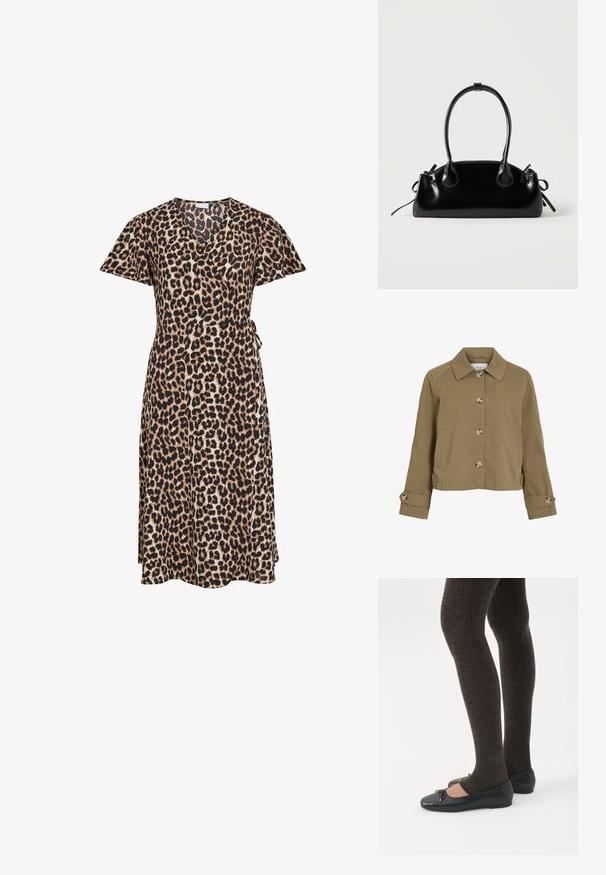 Khaki kort jakke med lige snit, krave, seks knapper, sidelommer og opsmøgede ærmer med knapdetaljer. Glat tekstur, letvægtsstof.; Omslagskjole til knæet med korte ærmer i leopardprint, med bælte der bindes i siden og V-halsudskæring.; Ben iført mørke ribbede leggings kombineret med sorte balletsko med små sløjfedetaljer på hvid baggrund.; Lille sort blank håndtaske med to lange håndtag og snøre-detaljer i siden på en ensfarvet lys baggrund.