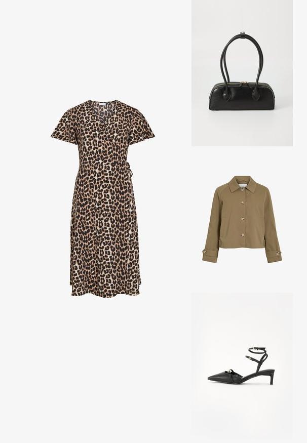 Khaki kort jasje met een rechte snit, een kraag, zes knopen, zijzakken en opgerolde manchetten met knoopaccenten. Gladde textuur, lichte stof.; Wikkeljurk tot op de knie met korte mouwen in een luipaardprint, met een zijstrikceintuur en een V-hals.; Zwarte leren slingback hakken met een spitse neus, dunne enkelbandjes, gouden hardware accenten en een slanke hak. Soepele textuur en een minimalistisch ontwerp.; Zwarte leren handtas met twee verlengde handvatten, ritsluiting en ronde vorm; gladde textuur met subtiele glanzende afwerking.