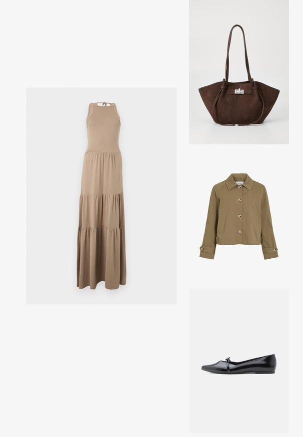Khaki kort jakke med lige snit, krave, seks knapper, sidelommer og opsmøgede ærmer med knapdetaljer. Glat tekstur, letvægtsstof.; Ærmeløs beige maxi kjole med halterneck og trelags samlet nederdel, vist på en ensfarvet baggrund.; Sort laklæderballerina med spids tå, dekorativ rem og glat tekstur. Minimalistisk design uden synlige detaljer.; Brun ruskinds tote taske med en struktureret form, der har en sølvmetal lukning og to skulderremme. Glat tekstur med accentstikninger.