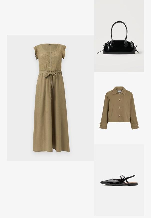 Veste courte kaki avec une coupe droite, un col, six boutons, des poches latérales et des poignets retroussés avec des accents de bouton. Texture lisse, tissu léger.; Robe maxi marron clair à manches courtes, corsage boutonné avec détails en œillets, et ceinture à nouer à la taille.; Des chaussures slingbacks en cuir verni noir présentent un bout pointu, deux sangles avec des accents de boucle, et une semelle plate.; Petit sac à main noir brillant avec deux longues anses et des détails à cordon sur les côtés sur un fond clair uni.