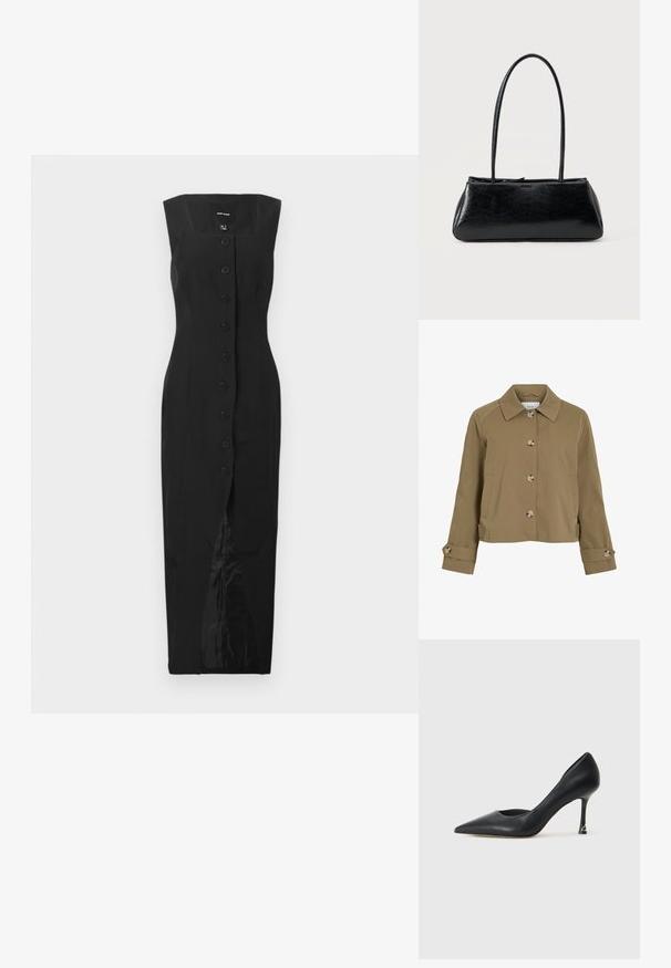 Veste courte kaki avec une coupe droite, un col, six boutons, des poches latérales et des poignets retroussés avec des accents de bouton. Texture lisse, tissu léger.; Robe midi sans manches noire avec décolleté carré, fermeture à boutons sur le devant et fente centrale, présentée sur un fond blanc uni.; Escarpin noir en cuir à bout pointu avec un design élégant, featuring un talon mince et un accent doré à la base du talon. Texture lisse.; Sac à épaule rectangulaire noir avec de longues bretelles fines et une texture lisse et brillante sur un fond uni.