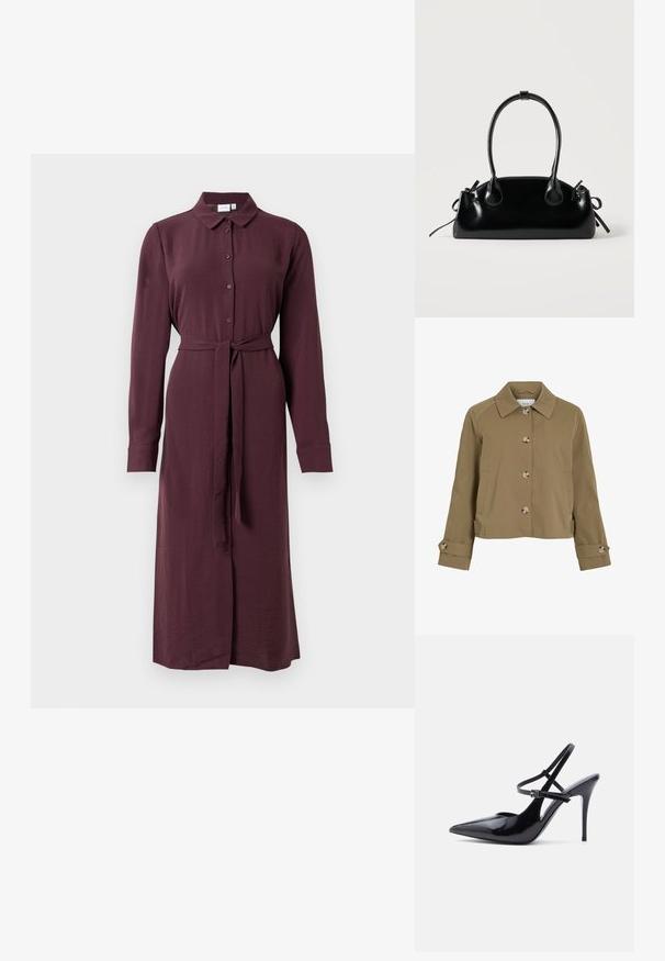 Veste courte kaki avec une coupe droite, un col, six boutons, des poches latérales et des poignets retroussés avec des accents de bouton. Texture lisse, tissu léger.; Robe midi à manches longues et à boutons, en prune foncé, avec un col et une ceinture en tissu assortie nouée à la taille.; Chaussure à talon haut en cuir verni noir à bout pointu, avec deux fines brides de cheville ajustables et un talon aiguille, vue de côté.; Petit sac à main noir brillant avec deux longues anses et des détails à cordon sur les côtés sur un fond clair uni.