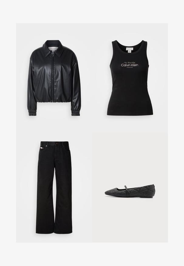 Μαύρο cropped μπουφάν από τεχνητό δέρμα με φερμουάρ μπροστά, μυτερό γιακά και ελαστικούς καρπούς. Διαθέτει ελάχιστη επωνυμία στο στήθος.; Μαύρο ριμπ αμάνικο τοπάκι με την επιγραφή "New York City Calvin Klein Established 1968" σε λευκό στο στήθος.; Μαύρα τζιν παντελόνια με φαρδιά πόδια, φτιαγμένα από βαμβάκι. Διαθέτουν μπροστινές τσέπες, κλείσιμο με κουμπί και κλασική υφή τζιν. Μινιμαλιστικός σχεδιασμός χωρίς σχέδια.; Calvin Klein SQUARED BALLERIA MJ - Μπαλαρίνες με λουράκι στον αστράγαλο - fudge