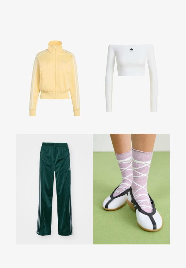 Gul lynlåsjakke lavet af glat stof med en høj krave, to sidelommer og hvide striber langs ærmerne. Klassisk logo på brystet.; Hvid crop top med off-shoulder i ribbet stof, som har lange ærmer og et lille sort Adidas-logo på fronten.; Mørkegrønne træningsbukser lavet af skinnende materiale, med sidelister i lys grå og et broderet logo på venstre ben.; Ben iført ribbet lilla sokker med hvide krydsede stropper kombineret med hvide balletsko med sort kant på grøn gulv.