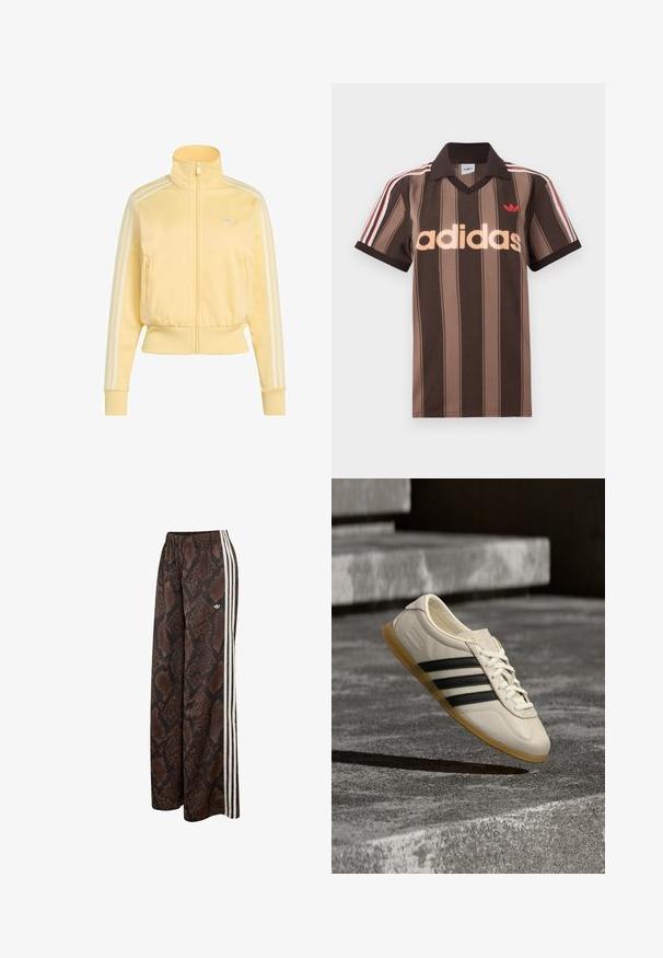 Gul lynlåsjakke lavet af glat stof med en høj krave, to sidelommer og hvide striber langs ærmerne. Klassisk logo på brystet.; Brunstribet Adidas polo-shirt med V-hals, bordeaux krave og rødt logo. Har hvide og røde skulderstriber samt korte ærmer.; Brune og sorte slangeskindsprintede bukser med brede ben, hvide sidelommer og elastik i taljen med lille Adidas-logo.; Hvid sneaker med sorte striber og gummisål svæver over betontrapper i blødt dagslys.