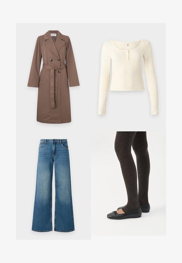 Trench-coat marron croisé avec ceinture, manches longues, larges revers et boutons noirs. Confectionné en tissu lisse avec une silhouette élégante.; Top à manches longues en maille côtelée de couleur crème clair ; présente un col rond et une patte de boutonnage à trois boutons. Texture douce et coupe ajustée.; Jeans en denim bleu à jambe large avec une finition délavée, design à cinq poches et taille standard avec un bouton en métal et une fermeture éclair.; Jambes portant des leggings côtelés foncés associés à des ballerines noires avec de petits détails en nœud sur fond blanc.