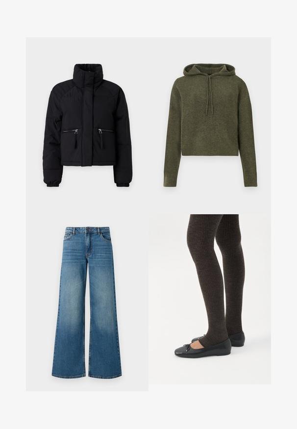 Zwarte cropped pufferjack met een hoge kraag, twee voorzakken met rits, elastische manchetten en een gladde textuur.; Geknipte, olijfgroene hoodie gemaakt van gestructureerde stof. Beschikt over een capuchon met trekkoord en ribbelmanchetten en -zoom. Lange mouwen, eenvoudig ontwerp.; Wijde spijkerbroek van blauw denim met een vervaagde afwerking, vijf-pocket ontwerp en standaard tailleband met een metalen knoop en ritsluiting.; Benen met donkere geribbelde leggings gecombineerd met zwarte ballerina's met kleine strikdetails op een witte achtergrond.