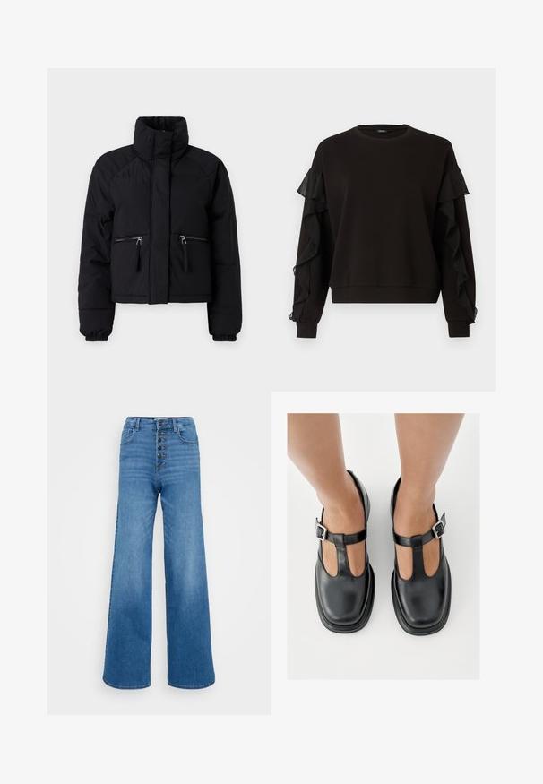 Schwarze, kurze Pufferjacke mit hohem Kragen, zwei mit Reißverschluss verschlossenen vorderen Taschen, elastischen Bündchen und glatter Textur.; Schwarzer Pullover mit Rüschen aus transparentem Stoff an den Ärmeln, rundem Ausschnitt und einer lockeren Passform mit gerippten Bündchen und Saum.; Hoch taillierte, weit geschnittene blaue Jeans aus Denim mit einer fünfknöpfigen Vorderseite und klassischen Nähdetails.; Schwarze Lederschuhe mit T-Riemen-Design, geschlossenem Zehenbereich und silbernen Schnallenakzenten. Glatte Textur mit rundem Zehenbereich und flacher Sohle.
