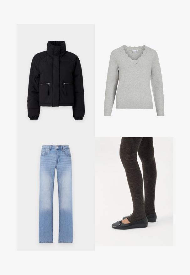 Chaqueta acolchada negra corta con un collar alto, dos bolsillos frontales con cremallera, puños elásticos y textura suave.; Suéter gris claro de manga larga y escote en V. Presenta detalles con borde festoneado y una textura de punto suave. Diseño minimalista.; Pantalones de mezclilla azul claro con un diseño de pierna recta, que presentan un lavado deslavado en la parte inferior y un estilo clásico de cinco bolsillos.; Piernas con leggings oscuros acanalados combinados con bailarinas negras que presentan pequeños detalles de lazo sobre un fondo blanco.