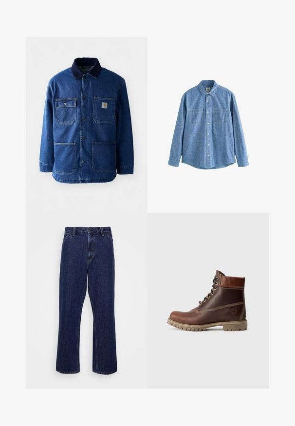 Jeansjacke in Dunkelblau mit einem Cordkragen. Verfügt über vier Taschen, eine Knopfleiste vorne und einen leicht taillierten Saum. Strapazierfähiger Stoff.; Langärmliges blaues Chambray-Hemd mit Knopfleiste und zwei Brusttaschen, flach auf weißem Hintergrund liegend.; Dunkelblaue Jeans aus Denim mit geradem Bein, ausgestattet mit einem Knopfverschluss, Fünf-Taschen-Style und dezenten Nähten.; Braune Leder-Schnürstiefelette mit gepolsterter Knöchelpartie, kontrastierenden Nähten und robustem Sohlendesign, von der Außenseite auf einem weißen Hintergrund gezeigt.