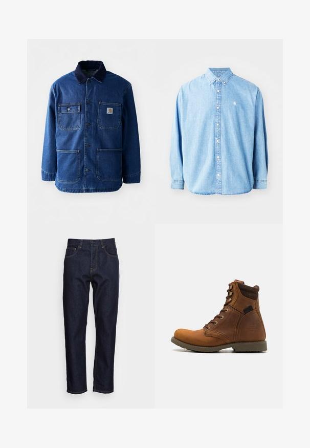 Denimjakke i mørkeblå med en kordfløjlskrave. Har fire lommer, knaplukning foran og en let indsnævret kant. Holdbart stof.; Lysel blå denim skjorte med knapper og lange ærmer, spids krave og et lille logo på venstre bryst. Har en afslappet pasform og klassisk design.; Mørkeblå denimjeans med lige pasform, fem lommer og kontrasterende gul syning. Designet med en klassisk knap- og lynlåslukning.; Harley Davidson DARNEL CE RIDING APPROVED - Snørestøvletter - brown