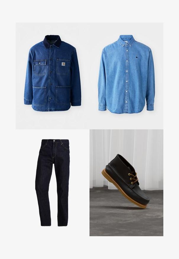 Jeansjacke in Dunkelblau mit einem Cordkragen. Verfügt über vier Taschen, eine Knopfleiste vorne und einen leicht taillierten Saum. Strapazierfähiger Stoff.; Denim-Hemd mit Knöpfen, hellblau, mit Punktkragen, langen Ärmeln und kleinem Logo auf der Brust. Verfügt über weiße Knöpfe und genähte Nähte.; Dunkelblaue Jeans aus Denim mit geradem Schnitt, ausgestattet mit gelben Nähten, fünf Taschen und einem klassischen Knopf- und Reißverschluss.; Schwarze Lederschuhe mit glatter Oberfläche, runder Zehenform, braunen Schnürsenkeln und hellbraunen Gummisohlen. Logo an der Seite geprägt.