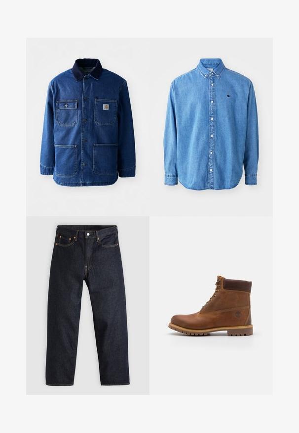 Jeansjacke in Dunkelblau mit einem Cordkragen. Verfügt über vier Taschen, eine Knopfleiste vorne und einen leicht taillierten Saum. Strapazierfähiger Stoff.; Denim-Hemd mit Knöpfen, hellblau, mit Punktkragen, langen Ärmeln und kleinem Logo auf der Brust. Verfügt über weiße Knöpfe und genähte Nähte.; Dunkelblaue Jeans aus Denim mit geradem Schnitt, fünf Taschen, kontrastierenden orangen Nähten und einem Knopfverschluss. Keine sichtbaren Muster oder Verzierungen.; Braune Lederwanderschuhe mit glatter Oberfläche, gepolstertem Knöchel, Metallösen und einer Gummisohle mit robustem Profil.
