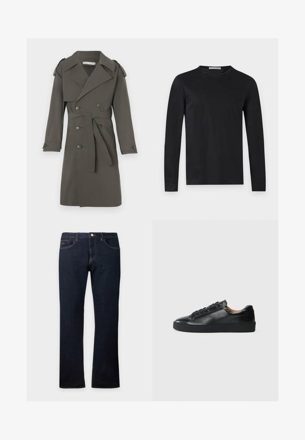 Trench-coat gris en tissu léger, doté de boutons croisés, d'une ceinture à la taille et d'épaulettes sur les épaules.; T-shirt noir à manches longues, col rond, coupe ajustée et petite étiquette "Tiger of Sweden" à l'intérieur du col.; Jean en denim bleu foncé coupe droite avec poches avant et arrière, coutures visibles et fermeture par bouton à la taille.; Baskets en cuir noir avec une texture lisse, bout rond et fermeture à lacets. Comprend une semelle en caoutchouc épaisse et un minimum de détails de marque.