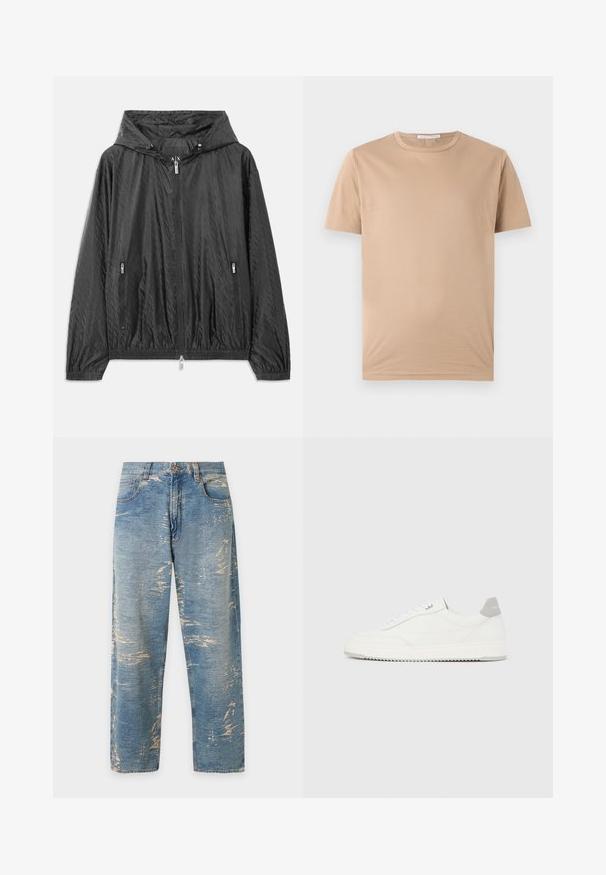 Sort quiltet letvægtsjakke med hætte, frontlynlås og to sidelommer med lynlås. Har elastiske manchetter og nederste kant.; Beige t-shirt med korte ærmer og rund halsudskæring, med en lige kant og et lille mærke indeni kraven.; Lyseblå straight-fit jeans med høj talje og falmede, slidte detaljer over hele stoffet.; Hvid lavtop-sneaker med gråt hælflig, hvide snørebånd og tekstureret sål, vist på en ensfarvet lys baggrund.
