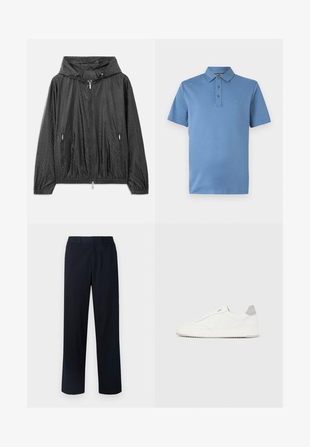 Sort quiltet letvægtsjakke med hætte, frontlynlås og to sidelommer med lynlås. Har elastiske manchetter og nederste kant.; Blå kortærmet poloshirt med klassisk krave, tre-knaps stolpelukning og diskret "MK" logo på venstre bryst.; Marinebukser med elastisk talje, lige ben-design, struktureret stof og uden synlige lommer eller dekorationer.; Hvid lavtop-sneaker med gråt hælflig, hvide snørebånd og tekstureret sål, vist på en ensfarvet lys baggrund.