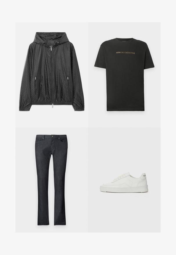 Chaqueta ligera acolchada negra con capucha, cierre frontal con cremallera y dos bolsillos laterales con cremallera. Presenta puños elásticos y dobladillo inferior.; Camiseta de algodón negra de manga corta y cuello redondo con "ARMANI EXCHANGE" impreso en letras doradas en el pecho.; Pantalones vaqueros de mezclilla oscura con corte recto, que cuentan con bolsillos frontales y traseros, cierre con botón metálico y detalles de costura sutiles.; Zapatilla de cuero blanca con un acabado suave, puntera redonda, cordones planos y suela texturizada. Cuenta con un sutil logo en el talón.