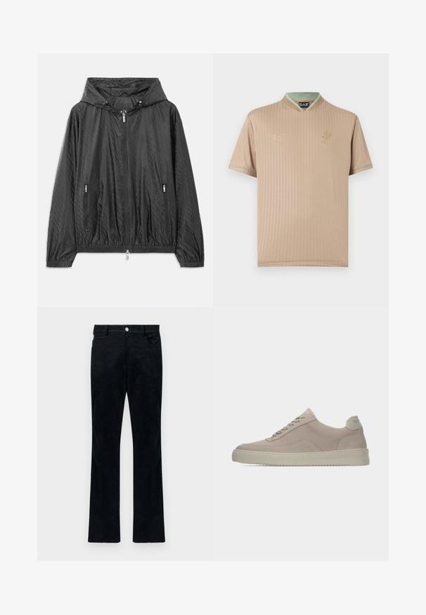 Chaqueta ligera acolchada negra con capucha, cierre frontal con cremallera y dos bolsillos laterales con cremallera. Presenta puños elásticos y dobladillo inferior.; Camiseta deportiva beige de manga corta con finas rayas verticales, cuello y ribete de las mangas en verde menta, logotipo y emblema de EA7 en el pecho.; Pantalones de pana negra con un diseño de pierna recta, que cuentan con cinco bolsillos y un cierre de botón metálico. Textura suave con estrías verticales.; Zapatillas deportivas de ante beige con acabado texturizado, puntera redondeada y cordones tono sobre tono. Cuenta con una suela de goma gruesa y una sutil marca en el talón.