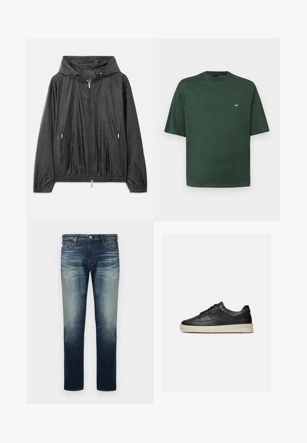 Sort quiltet letvægtsjakke med hætte, frontlynlås og to sidelommer med lynlås. Har elastiske manchetter og nederste kant.; Mørkegrøn T-shirt med korte ærmer og rund hals, med lille hvidt logo på venstre bryst, vist på en ensfarvet lysegrå baggrund.; Herre jeans med lige ben i blå denim, med falmet effekt på lår og knæ, foran med knap- og lynlåslukning samt design med fem lommer.; Sort lavtop lædersneaker med sorte snørebånd og en tyk off-white gummisål, vist på en hvid baggrund.