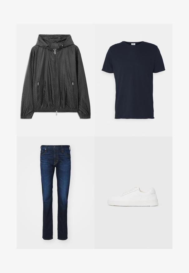 Chaqueta ligera acolchada negra con capucha, cierre frontal con cremallera y dos bolsillos laterales con cremallera. Presenta puños elásticos y dobladillo inferior.; Camiseta de algodón azul marino con cuello redondo y mangas cortas, de textura suave y diseño simple, sin patrones ni acentos visibles.; AG Jeans TELLIS MODERN - Vaqueros slim fit - viper; Zapatilla blanca con parte superior de cuero suave, puntera redondeada, cordones, acentos laterales texturizados y suela de goma gruesa. Diseño minimalista.