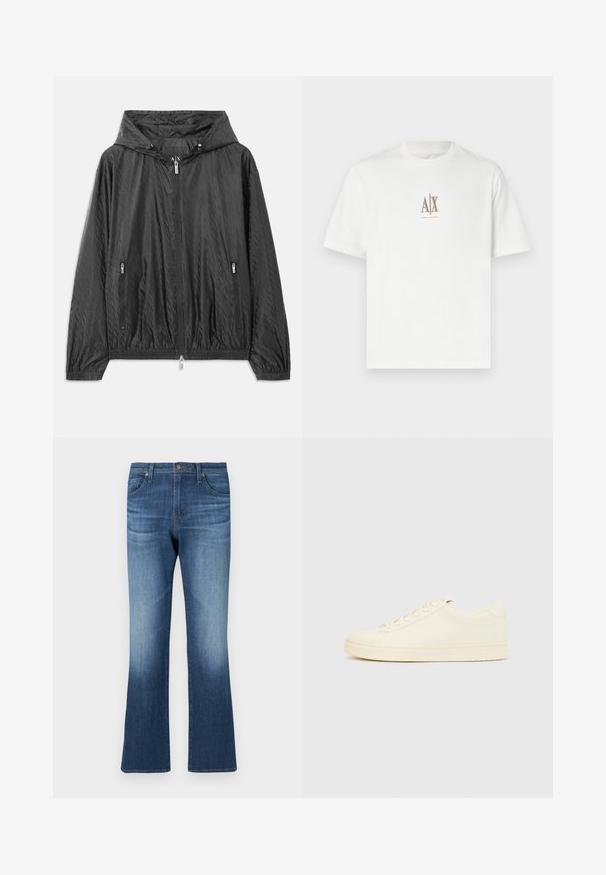 Zwarte gewatteerde lichtgewichtjas met een capuchon, sluiting met een rits aan de voorkant en twee zijzakken met rits. Voorzien van elastische manchetten en een elastische onderzoom.; Witte katoenen t-shirt met een ronde hals. Heeft een klein beige logo "A|X" en "ARMANI EXCHANGE" gedrukt eronder. Korte mouwen, normale pasvorm.; Flared jeans in donkerblauwe denim met een vervaagde afwerking. Voorzien van vijf zakken, riemlussen en een rits met knoopsluiting.; Slofkleurige sneaker met een glad leren bovenwerk, ronde neus, vetersluiting en een geribbelde rubberen zool. Minimalistisch ontwerp, zonder logo's.