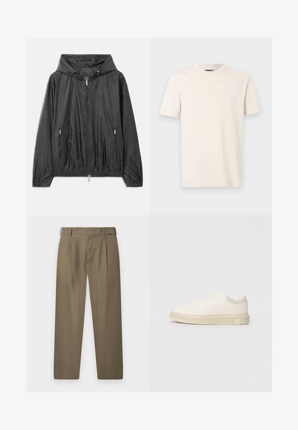 Zwarte gewatteerde lichtgewichtjas met een capuchon, sluiting met een rits aan de voorkant en twee zijzakken met rits. Voorzien van elastische manchetten en een elastische onderzoom.; Off-white T-shirt met korte mouwen en een ronde hals, met een subtiel geprofileerd "EA7 Emporio Armani" logo over de borst, weergegeven tegen een effen achtergrond.; Heren khaki rechte broek met riemlussen, voorplooien en een verborgen knoop- en ritssluiting.; Witte sneaker met een gladde canvas bovenkant, platte veters, gevoerde kraag en een gestructureerde grijze accent aan de achterkant. Dikke rubberen zool.