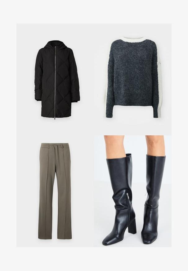 Sort quilted pufferjakke med hætte, der har en frontlynlås, lange ærmer og diamantmønster syning.; Mørkegrå strikket sweater med en struktureret overflade. Æblefarvede ærmer og krave. Kasseformet, ribbede kanter. Blødt uldblandingsmateriale.; Khaki bukser med lige ben, snøre i livet og to forfold. Fremstillet af et blødt, struktureret stof.; Steve Madden SPEEDWAY - Høje støvler/ Støvler - black