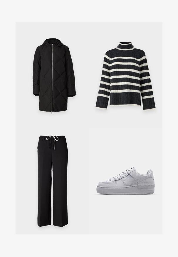 Manteau en duvet noir matelassé avec une capuche, comportant une fermeture éclair à l'avant, des manches longues et un surpiquage en forme de losange.; Pull en col roulé à rayures noires et blanches, à la coupe ample, avec une texture côtelée et des manches longues. Il présente un col haut et des rayures horizontales.; Pantalons larges noirs en tissu lisse, avec une taille à cordon de serrage blanche. Design ajusté avec poches latérales.; Basket en cuir lisse gris Nike Air Force 1 avec un bout perforé, une semelle épaisse et un détail 'AIR' en relief sur le talon.
