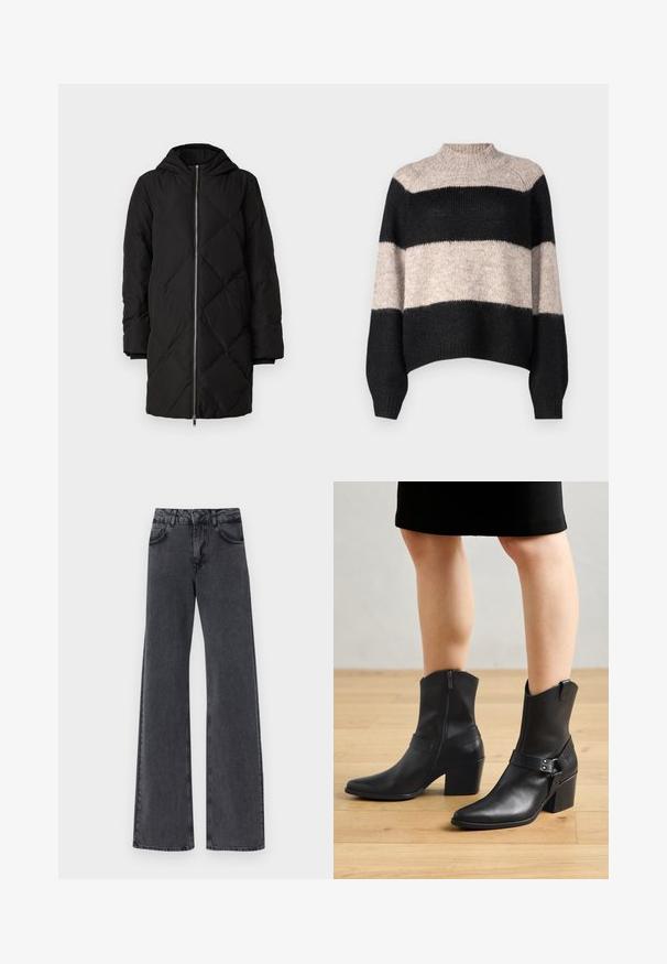 Sort quilted pufferjakke med hætte, der har en frontlynlås, lange ærmer og diamantmønster syning.; Stribet sweater med høj hals, der har tre vandrette bånd i sort og lys beige. Fremstillet af et blødt, tekstureret strikmateriale.; Sorte denim flared jeans med høj talje, der har to forlommer og subtile syninger langs sømmene.; Sorte læder ankelstøvler med spids tå, lynlås lukning, buet hæl og en dekorativ rem med metal detaljer.