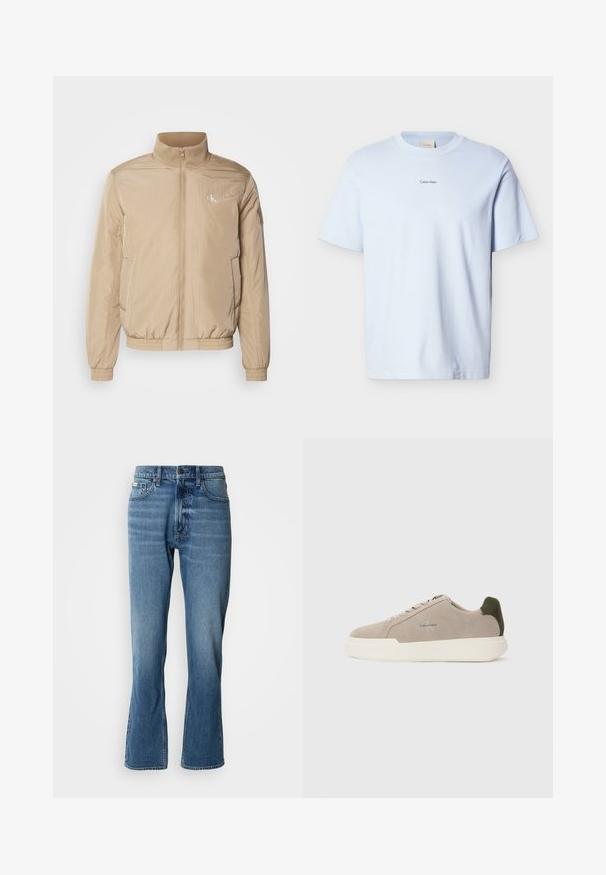 Beige tõmblukuga jakk, mis on valmistatud kergest materjalist. Omab püsti kaelust, elastseid mansette, küljetaskuid ja logosid vasakul rinnal.; Helehall sinine puuvillane t-särk ümmarguse kaeluse ja lühikeste varrukatega, millel on väikene musta värvi "Calvin Klein" logo rinnal.; Heledad sinised teksad sirge lõike ja kerge laienemisega. Omab viit taskut, nööpkinnitust ja peeneid kulumisjälgi.; Beez suède tossudega valge kummist tallaga, tumeroheline kanna aktsent ja peened brändingud küljel.